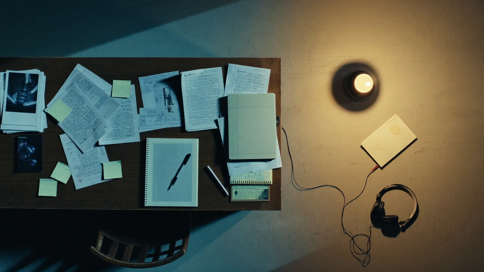 A cluttered desk in cool shadow transitioning to a warm candlelit calm space