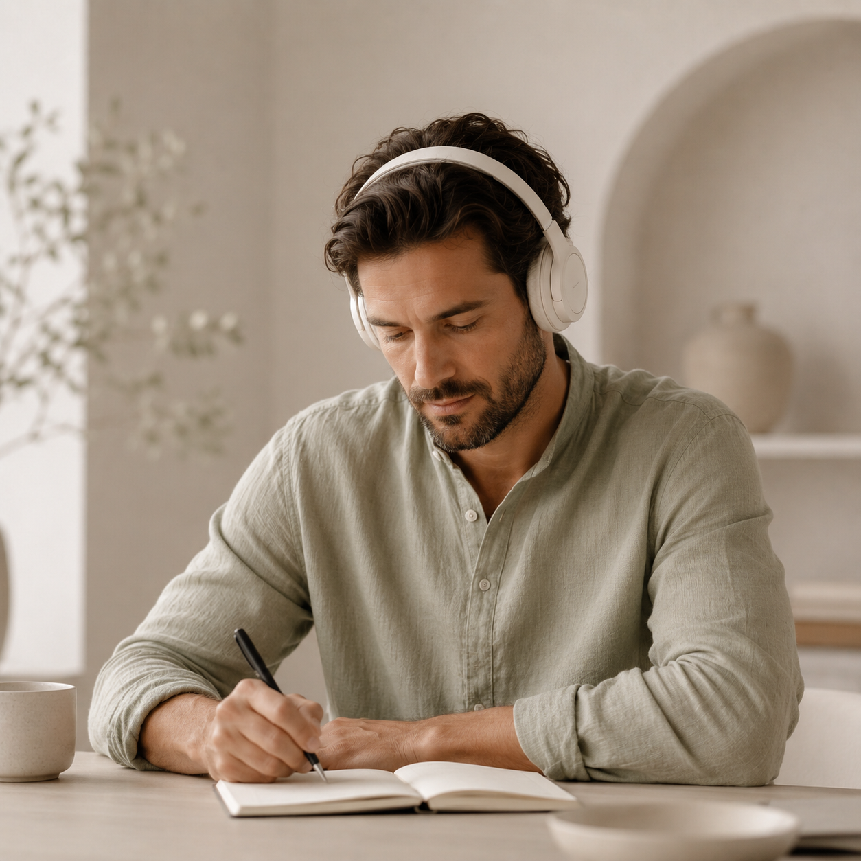 Man with headphones focused on writing