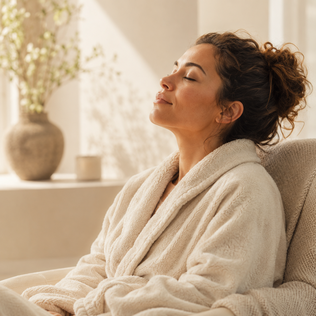 Woman in robe resting peacefully