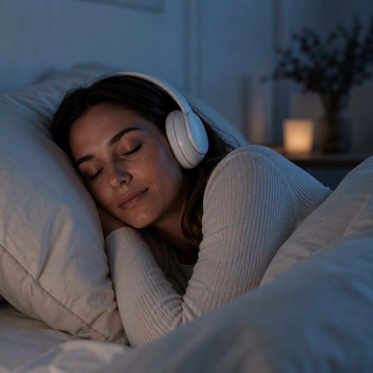 Woman sleeping peacefully with headphones