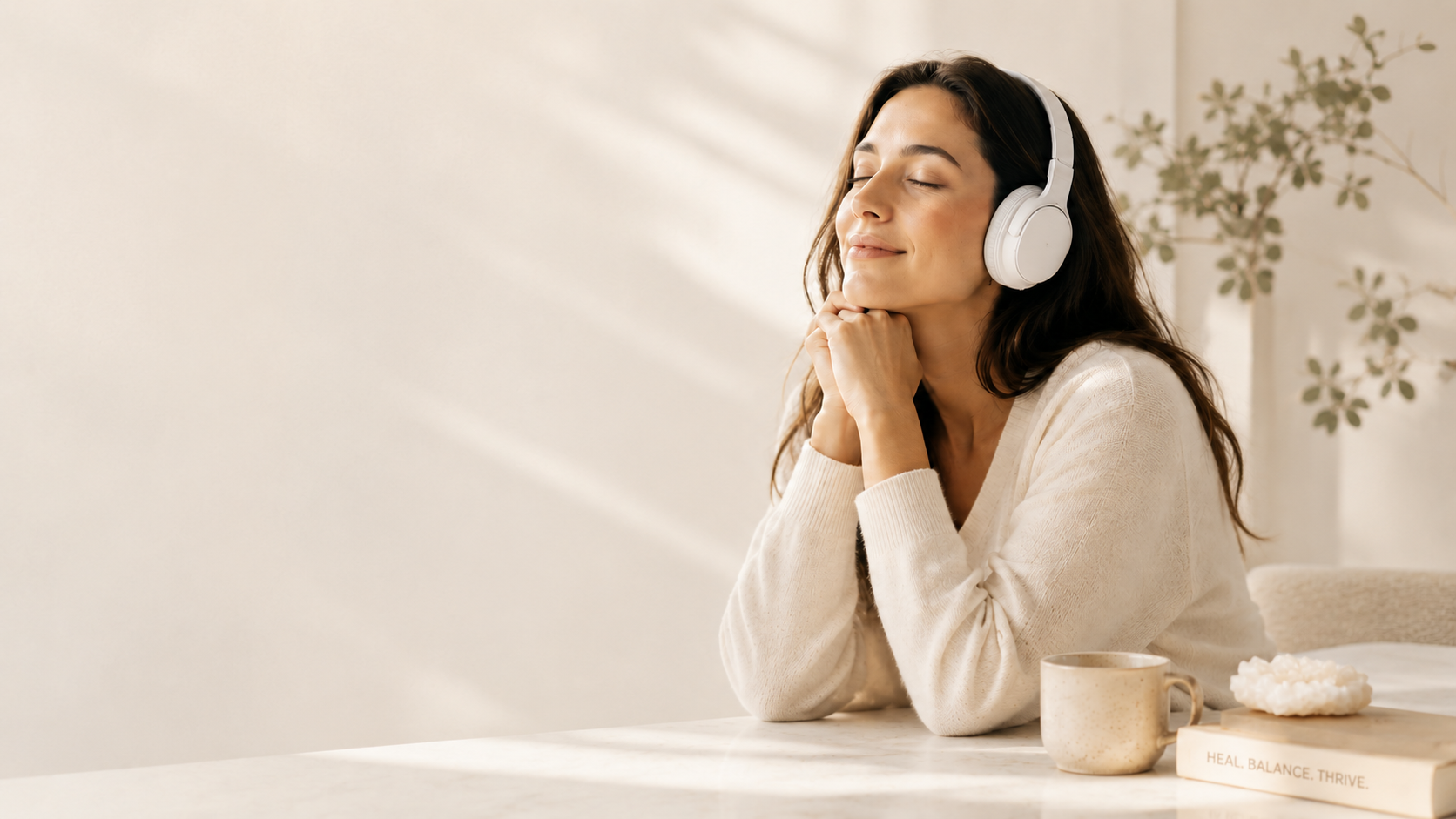 A woman relaxing with white headphones, eyes closed, listening to healing frequency music