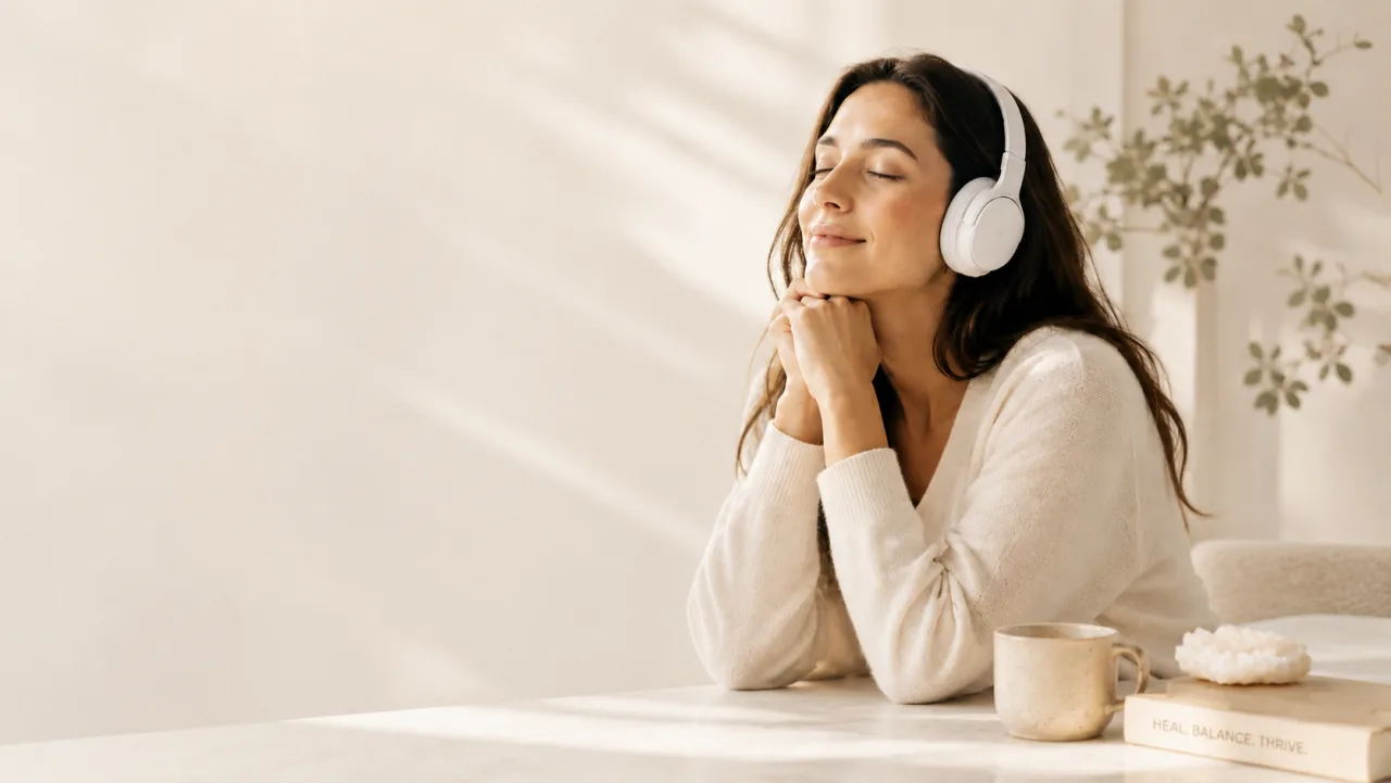 A woman relaxing with white headphones, eyes closed, listening to healing frequency music