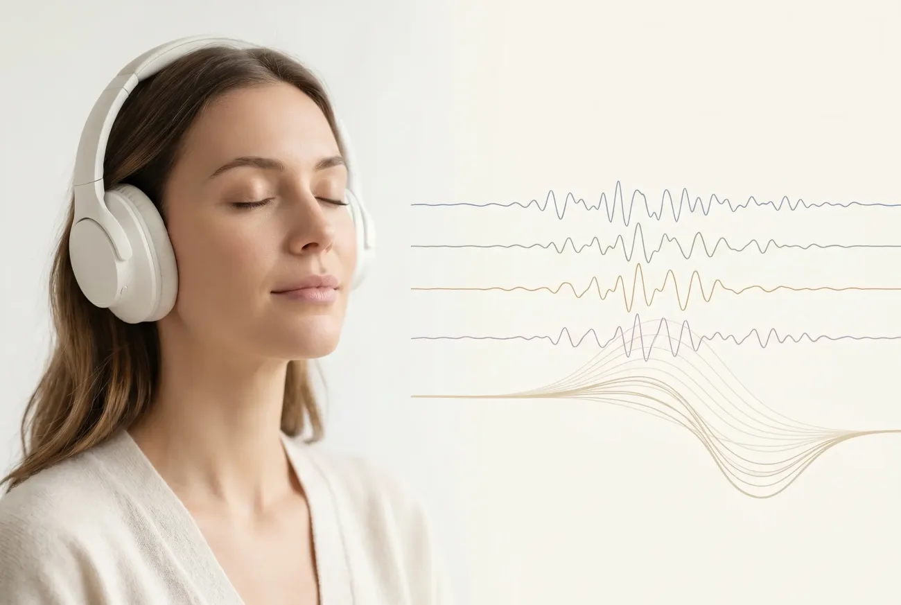 A woman relaxing in white headphones beside a visualization of four sound-frequency layers merging into one seamless waveform