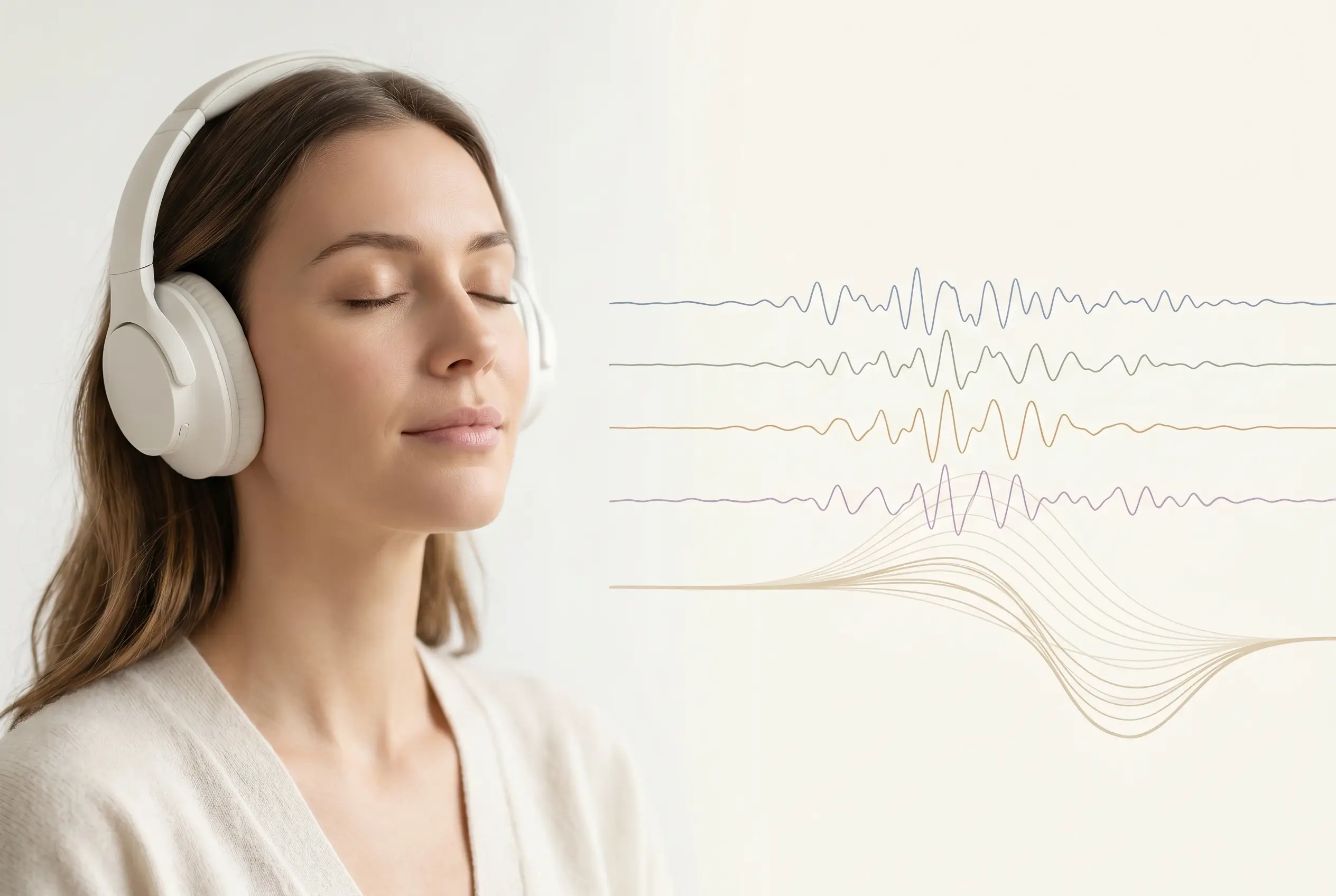 A woman relaxing in white headphones beside a visualization of four sound-frequency layers merging into one seamless waveform