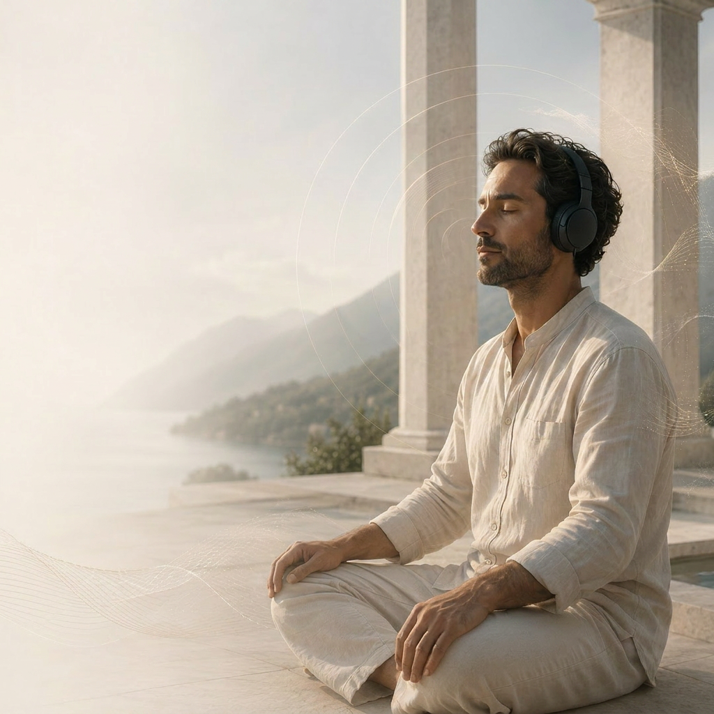 Man meditating with headphones in a serene landscape